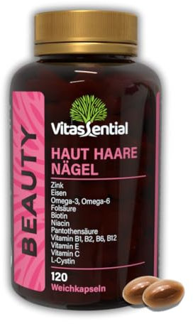 Vitassential Haut Haare Nägel – Biotin, Zink, Eisen, Folsäure, Vitamin B Komplex, C & E, Omega-3/6, L-Cystin – Haarvitamine Anti Haarausfall & Haarwachstum - 120 hochdosiert Kapseln