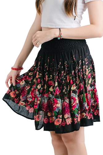 YOUR COZY Mini Skirted Delight - Flirty A-Line Minigonna da donna con elastico in vita, gonna a cerchio leggera in rayon per estate, viaggi e uscite casual, Fiore nero., S