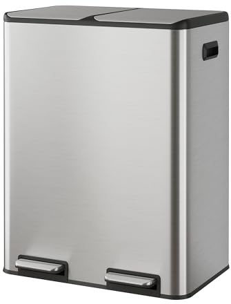 WLIVE Kitchen Bin, 2 x 30 Liter Dual Compartment Pedal Bin for Kitchen, Stainless Steel Rubbish Bin with Inner Buckets, Soft Close, Wide Step-On Pedal, Deodorizing Filter Box, Silver