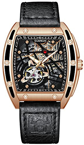 Guanqin Montre mécanique à remontage automatique japonais pour homme avec motif toile d'araignée innovante, saphir, double face, creux, étanche, en forme de tonneau