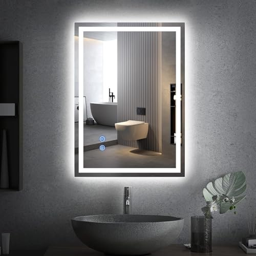 LED Bathroom Mirror Makeup Mirror with 3 Colours Anti-Fog Touch Switch Wall Mounted Vanity Mirrors for Bathrooms Toilets Hallways (50 x 70 CM)