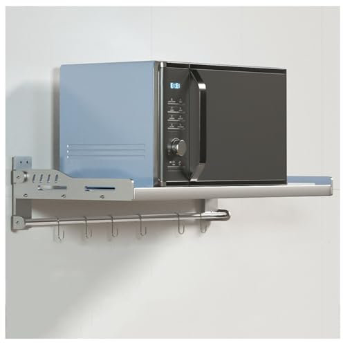Scaffale per forno a microonde in acciaio inox, montaggio a parete, con 6 ganci, pieghevole, per pentole e padelle e spezie, soluzione per riporre le spezie.