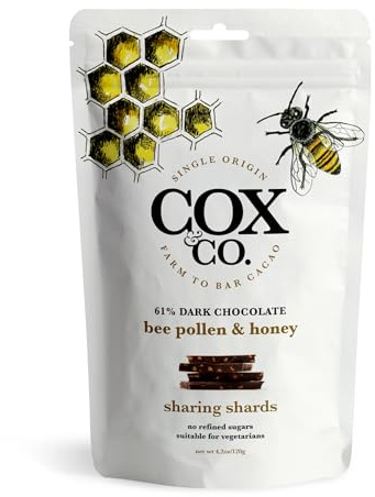 Cox & Co Chocolate - 61% Bee Pollen and Honey Dark Chocolate - 1 x 120g Sharing Shards Pouch - Plant Based - Small Batch