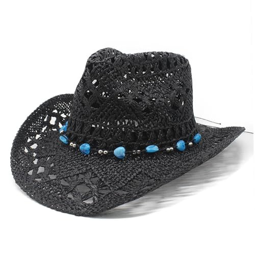 Generisch Sombrero de vaquero occidental de verano para mujer y hombre, sombrero de paja moldeable ahuecado, Negro , talla única