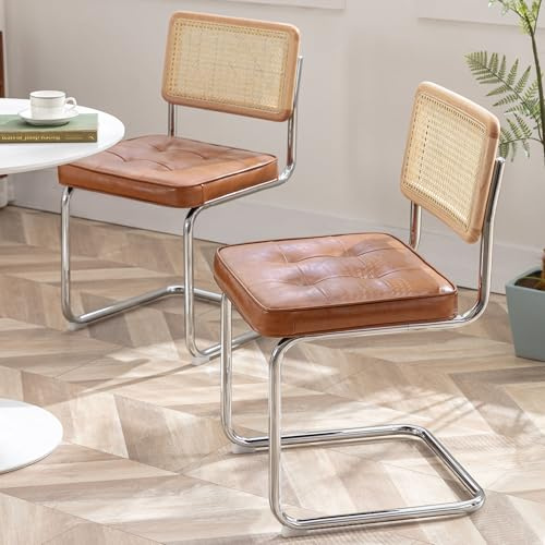 Zesthouse Rattan Dining Chairs Set of 2, Cantilever Kitchen Chairs, Brown | Faux Leather Upholstered Seat, Natural Rattan Back, Chrome Legs, Space-Saving Design, Mid-Century Modern, Easy Assembly