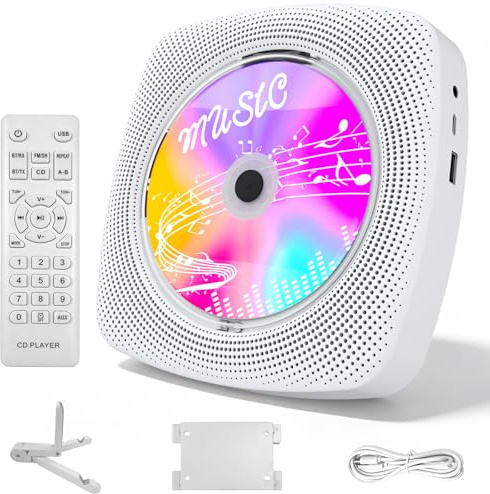 WOLFANG Reproductor de CD portátil Bluetooth para casa y Exterior, con Altavoces, batería Recargable 4000 mAh, Radio FM, USB, Mando a Distancia, Montaje en Pared y Soporte de Mesa
