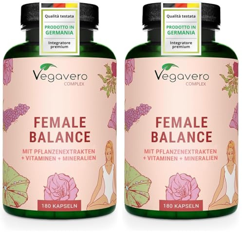 Vegavero FEMALE BALANCE | 180 capsule | per Squilibrio Ormonale con Agnocasto, Maca, Magnesio, Acido Folico, Vitamine e Minerali | Amenorrea e PMS | Vegan e Senza Additivi (Confezione da 2)