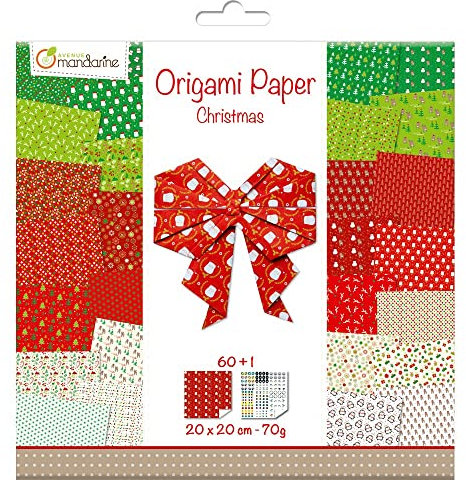 MY MANDARINE OR506C - Kreativset Origami Paper, 60 Blatt 20x20 cm, 70g, (30 Motiven x2), 1x Stickerbogen Augen, ab 7 Jahren, Weihnachten, 1 Set