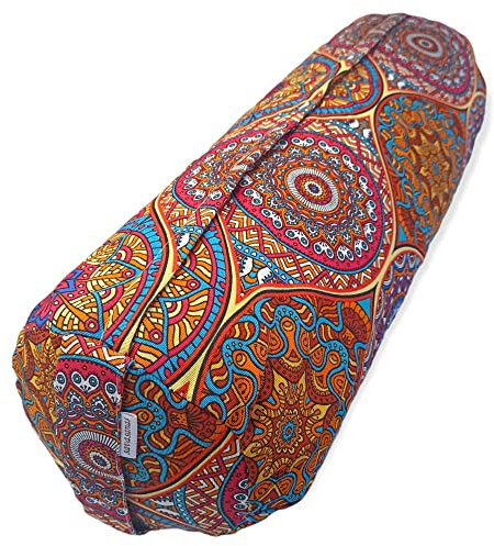 Zylindrisches Yoga-Bolster Mandalas - Persien - Yoga-Kissen - Abnehmbarer und waschbarer Bezug - Gefüllt mit Bio-Dinkelschalen - Tragegriff - 62 x 20