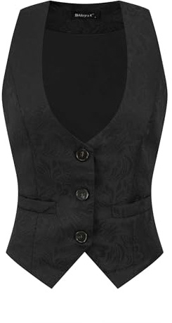 Allegra K Vintage Vest for Women's Button Up Jacquard Steampunk Suit Waistcoat with Pockets Medium Black