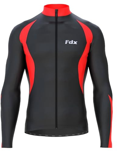 FDX Mens Cycling Jersey, Windproof Warm Winter Cycle Tops, Long Sleeves Water-Resistant Lightweight Thermal Bike Jacket, Windproof Bicycle Shirt for Riding, and Running(Red, M)