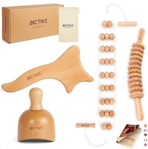 BICTIVE® Maderotherapie Set 4 in 1. Faszienstab Holz, Anti Cellulite Massagegerät und Faszienrolle, Lymphdrainage Gerät, Massage Holz, Massageroller und Massagegerät Beine, Cellulite Roller
