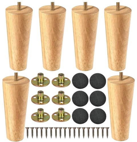 LCOUACEO Patas para Muebles Madera 6 Piezas Patas de Madera de Sofá 15cm Patas de Madera para Muebles Patas de Mesa de Madera con Placa de Montaje Tornillos y Protector Antideslizante