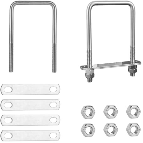 Ranjima 2 stycken strykskruvar M10 80 x 150 mm U skruvar, kvadratisk rostfritt stål U-hängare med gänga, U-bultar med 4 muttrar och 4 ramplatta för rörmontering, bil, fartyg bogsering