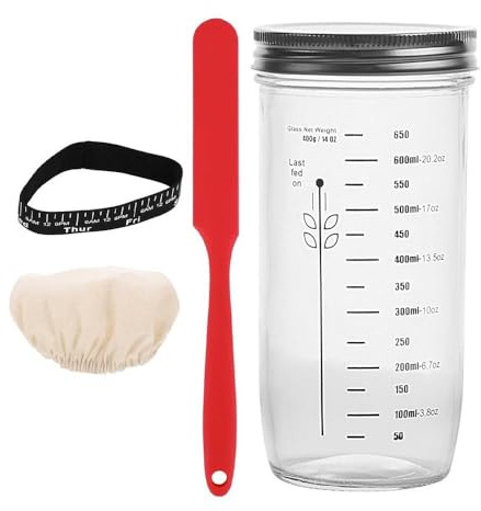 Sarini 730 ml surdegsjäsning glasburk set glas rund burk med tyglock termometer remsa silikonskrapa och datumremsa för surdeg bakning bröd jäsning