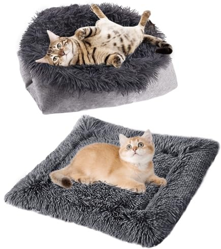 ToKinCen Cat Bed - Self Warming, Foldable Convertible Plush Soft Blanket Cat Cushion for Small Dogs and Cats, Machine Washable (Dark Grey)