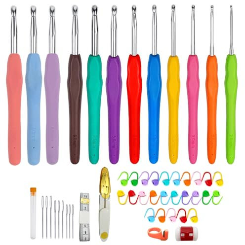 Xpieoyrm 12 Stück Häkelnadeln Set, von 2 mm bis 8 mm, mit Ergonomische Griff Häkel Zubehör, mit Ergonomischem Softgriff, Zählschnalle und Weiches Lineal, für Anfänger Und Erfahrene Häkelliebhaber