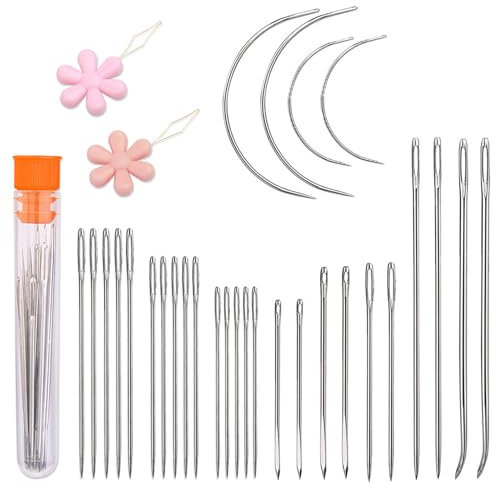 zoerbufan 29 Stück Nähnadeln-Set, Sticknadeln, Gebogene Ledernadel Sattlergarn Ledernadeln mit 2 Stück Nadeleinfädler, Nadeln Großem Öhr Mit Aufbewahrungsrohr für Webarbeit Stricken Sticken Nähen