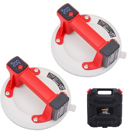 KATSU Tools 2x Ventosa Elettrica 8, Display Digitale, Auto Start Stop, Silicone Triplo, 200kg, Sollevatore Vetro Piastrelle in Valigetta Plastica