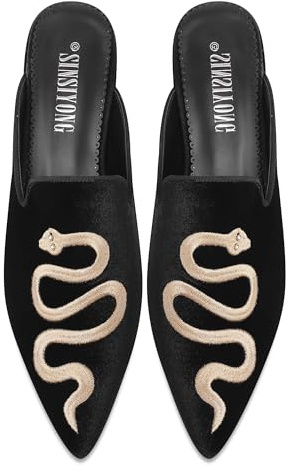 SINSIYONG Embroidered Mules for Women Pointed Toe Backless Velvet Flats with Snake Pattern (Black, Size 8)
