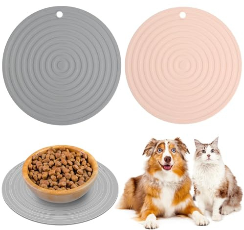 MEISO 2 Pièces Tapis Gamelle Chat et Chien, Tapis de Gamelle Antidérapant, Rond Tapis Silicone Bol Antidérapant Tapis de Nourriture, Nourriture pour Animaux Imperméable, pour Nourriture et Eau