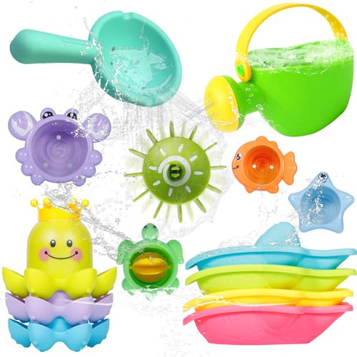 SaiXuan Giochi Bagnetto Neonato 14 Pezzi, Set Giochi Vasca da Bagno Bambini con Annaffiatoio, Ruota d’Acqua, Bicchieri Impilabili e Barchette, Giochi Bagnetto Neonato Atimuffa per Bagno e Piscina