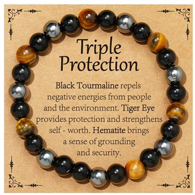 Aretas Black Tourmaline Eye of The Tiger Hematite Crystal Beaded Bracelet for Women Ladies Gemstone Tigers Eyes Natural Stone Anxiety Healing Jewellery Christmas Valentines Gifts for Her Girls