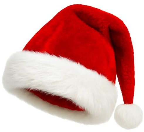 Navoys Premium Christmas Santa Hat – Red Deluxe Festive Hat with White Thick Plush Trim and Pom Pom, Xmas Party Accessory for Adults