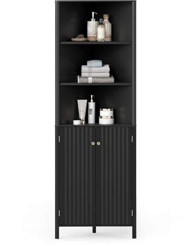 COSTWAY Corner Bathroom Tall Cabinet, Freestanding Slim Bathroom Storage Unit with 2 Fluted Doors & Open/Adjustable Shelves, 172cm High Wooden Narrow Floor Cupboard for Living Room Kitchen (Black)