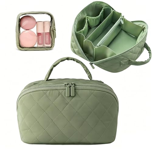 RARITYLL 2-Piece Set Travel Makeup Bag 180° Open Flat Lay Makeup Bag Machine-Washable Large Makeup Organise Bag with Compartments for Toiletries & Brushes (Green)