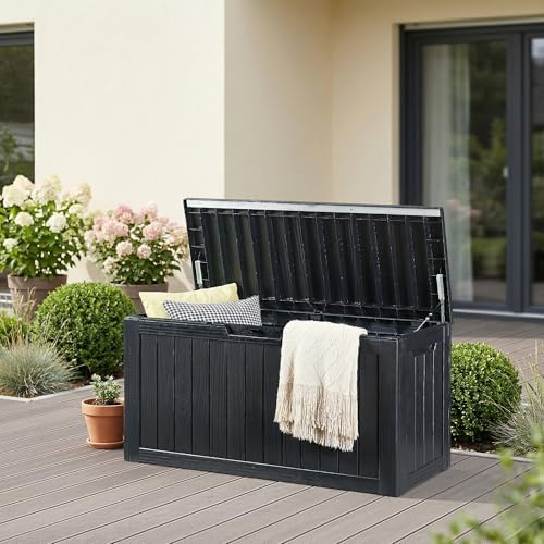 casa.pro Coffre de Rangement de Jardin Vades Couvercle avec Vérin à Gaz pour Stocker Coussins Matelas Capacité 300 L Poigées Latérales Extérieur Terrasse 117 x 47 x 59 cm Noir Effet Bois
