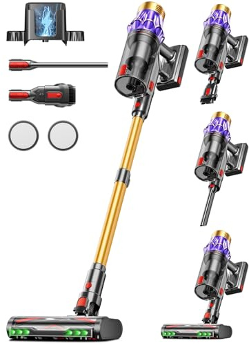 Akku Staubsauger, 50KPa/600W/70Min Staubsauger Kabellos mit Selbststehend, 1,8 L, Anti-Tangle-Bürste, 8-Schicht-Filtration, LED Display, akkustaubsauger für Tierhaare/Hartböden/Teppich (Goldfarben)