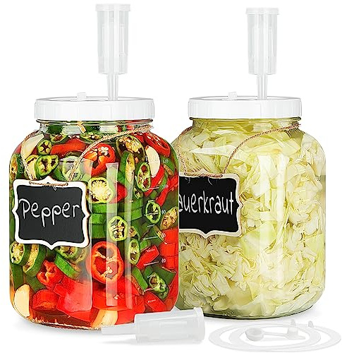 Folinstall 2 Pack 1 Gallon Large Fermentation Jars w 2 SCREW Lid and 3 Airlock - 100% Airtight Lid, Wide Mouth Glass Jar, Pickle Jar w Scale Mark for Sourdough Starter