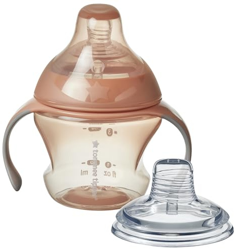Tommee Tippee Transition Cup, Breast-Like Teat and Soft Silicone Spout, Removable Easy-Grip Handles, Leakproof Lid, 150ml, 4-7m+, Pink