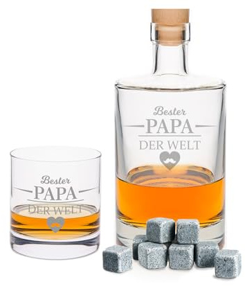GRAVURZEILE Whisky Glass with Engraving and Carafe from Leonardo in Set – Bester Papa der Welt – 500 ml Whisky Carafe Gift Set – Includes 8X Cooling Stones – Gifts for Men for Father's Day
