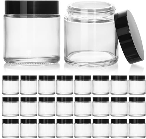 KEYWING 24PCS 4oz Clear Small Glass Lotion Jars with Black Lids
