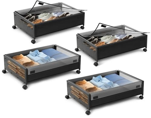Warmiehomy Under Bed Storage on Wheels - 4 Pack Metal Frame Boxes with Lids for Clothes, Shoes, Toys and Blankets