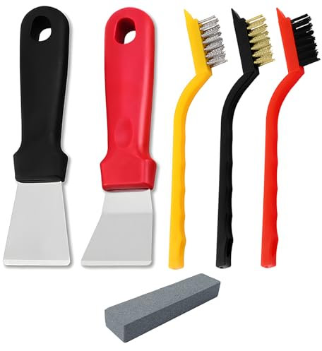 JXPXJMY 5 Pezzi Set di Strumenti per la Pulizia, Inclusi 2 Raschietti e 3 Spazzole, Raschietto Multifunzionale in Acciaio Inox con Pietra Affilata per Pentole Forno e Scarico a Pavimento (Rosso-Nero)