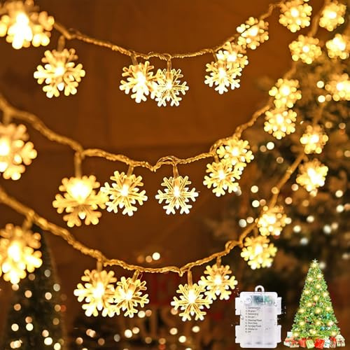 Luci Natale Esterno Batteria, 40 LED 6M Catena Luminosa Fiocco di Neve, 8 Modalità Luci Natalizie Decorazione, Bianco Caldo Luci Albero di Natale per Matrimonio, Decorazione Della Stanza, Interno