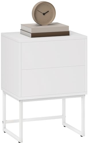 HOMCOM Comodino Moderno a 2 Cassetti con Apertura a Pressione, Comodino Camera da Letto Multiuso in MDF e Acciaio, 40x30x50 cm, Bianco