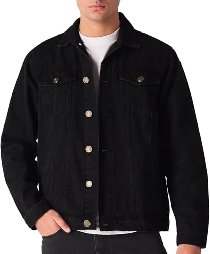 Mens Denim Jacket, Vintage Premium Winter Warm Regular Fit Western Classic Style Jackets Vintage Trucker Coat Workwear Stonewash Jean Premium Outfit UK S To XXL, Black-S