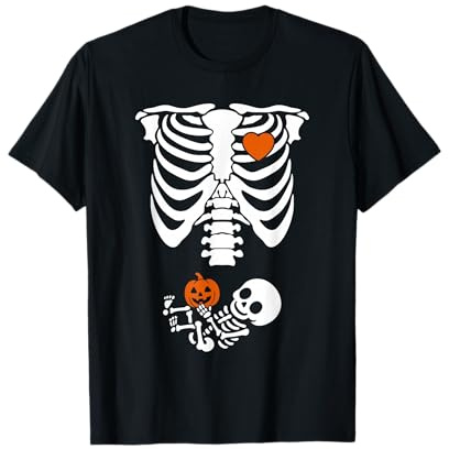 Squelette Grossesse Halloween avec bébé Citrouille T-Shirt
