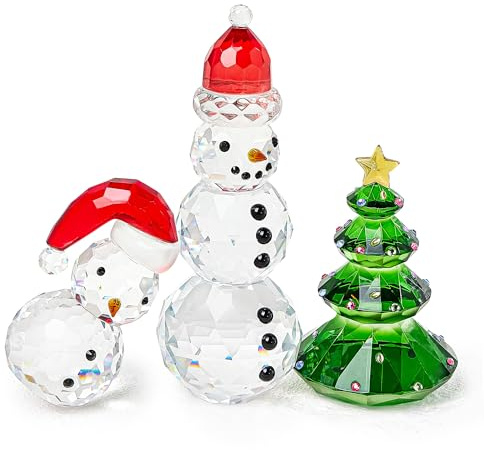 kanpura 3pcs Christmas Glass Figurine Set Crystal Snowman and Tree Figurines Decor for Xmas Gift for Women