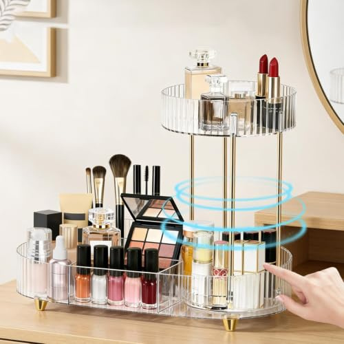 XunHe Makeup Organiser 360° Rotating - Makeup Organiser with Brush Holder Perfume Tray with 5-compartment Cosmetic & Skincare Organisers Desk Storage for Bathroom Bedroom Counter