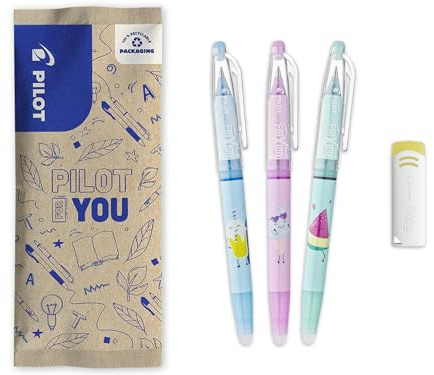 PILOT - Lot de 3 FriXion Ball + 1 Gomme OFFERTE - Stylos Effaçables Mignons - Édition Limitée Pool Party - Rollers Rechargeables - Encre Bleue, Violette, Noire - Pointe Moyenne