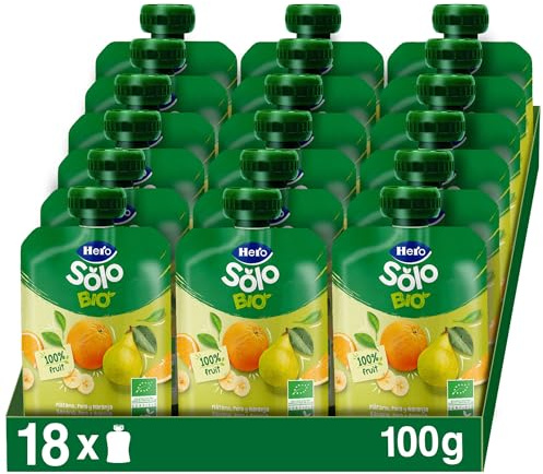 Hero Solo Bio Frutta Frullata 100% Bio, Senza Zuccheri Aggiunti, Purea di Banana, Pera, Arancia - 18 Confezioni da 100 gr