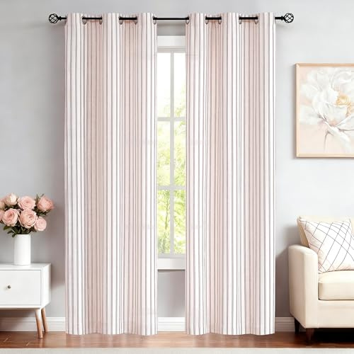 Randall Rustic Style Farmhouse Semi-Sheer Tcking Stripe Curtain Light Filtering Luxury Soft Grommet Linen Blend Yarn Dyed Heavy Window Drape for Living Room/Nursery,2-Pack 40 Wx84 L,Red/White