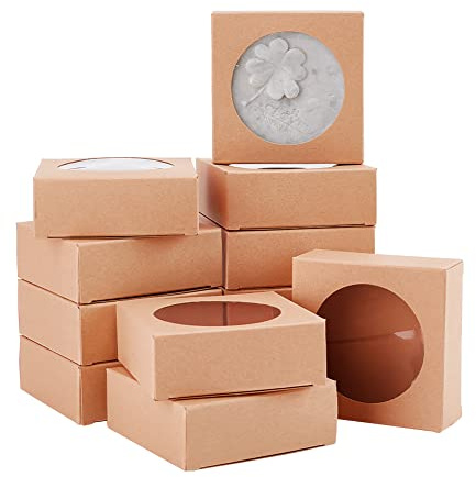 BENECREAT 24 Pezzi Scatola di Cartone Pieghevole Marrone con Finestra Trasparente 8x8x3cm Contenitore di Gioielli Regalo Contenitore Superiore per Torta, Artigianato, Gioielli
