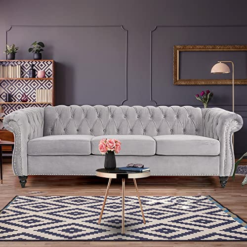 ORRD Chesterfield Sofa, Modern Tufted Velvet Couch 3 Seater with Scroll Arms and Nailhead for Living Room, Bedroom, Office, Apartment (Grey)