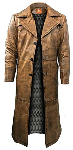 Suiting Style Trench marrone da uomo, pelle invecchiata, cappotto lungo sotto il ginocchio, cappotto in pelle di agnello originale, Pelle, XXL